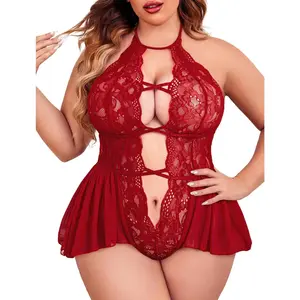 Womens Plus Size Lingerie Lace Bodysuit Teddy Deep V One Piece Lace BabydollGift