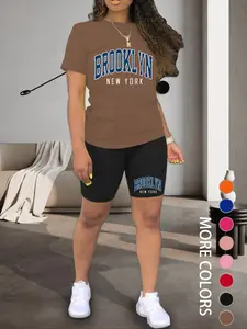 Summer New Women's Short Sleeve Shorts Set, Activewear Set, Sporty Style Letter Print, Casual Fitted Outdoor Sports, Comfortable All Seasons Wear