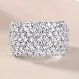 Wide Band Silver Full-Pave Moissanite Ring, an Opulent Accessory that Sparkles with Every Step, Showcasing a Broad Canvas of Sparkling Brilliance