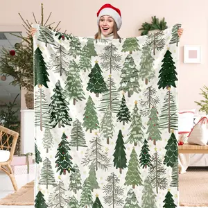 Christmas Tree Fuzzy Blanket 60 x 50 Inch Watercolor Green Forest Soft Throw Blanket for Winter Home Chair Sofa Couch Bed