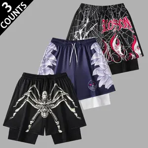 Men's 3-Pack Gothic Graphic Print Double-Layer Shorts, Quick-Dry Mesh Streetwear Shorts with Compression Liner, Performance Athletic Shorts for Sports, Gym & Casual Wear
