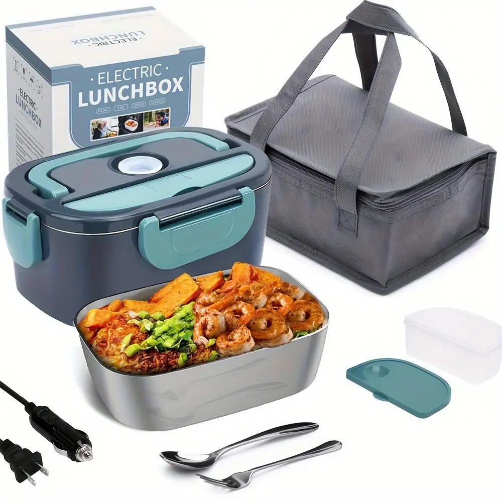 Electric Lunch Box, 1 Set Portable Food Heater for Adults, Heated Lunch Box with Insulate Bag & Fork & Spoon for Car/Truck/Office/Travel, Meal Prep Co