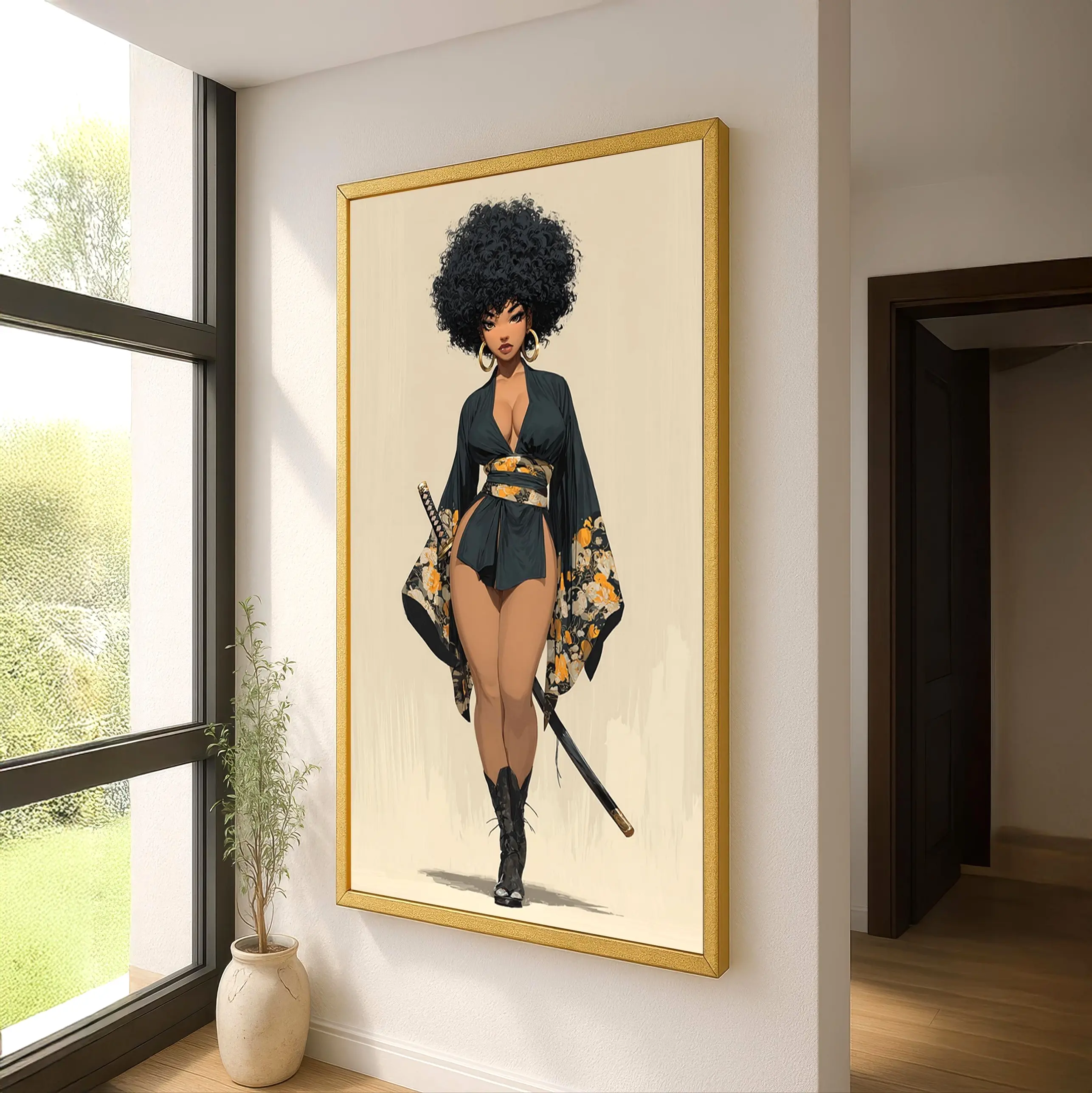 Colorful Afro Samurai Black Female Warrior Kimono Graphic Wall Art - Modern Anime Print, High Color Fastness Matte Paper, Mountable Customizable Home Supplies for Bedroom Office, Fade Resistant Posters & Prints Decor