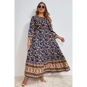 Melo Apparel Plus Size Bohemian Round Neck Maxi Dress