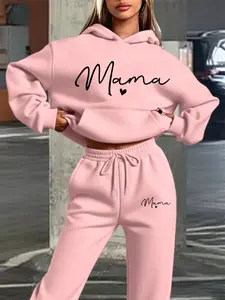 Women's Hooded Sweatshirt Set, Fall Winter Geometric Print, Sweet Mama Heart Design, Casual Fitted Tops & Sweatpants, Womenswear, Clothes