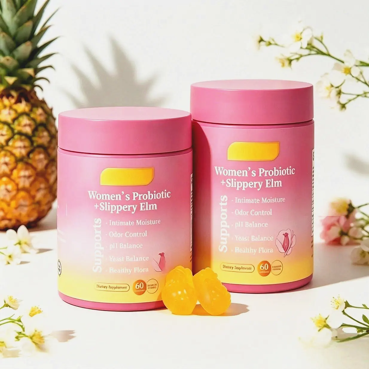 Her Juicy Feminine Probiotics Gummies – Preservative-Free Mild All-in-One Solution with Slippery Elm Bark, Prebiotics & Lactobacillus Blend Protecting Vaginal pH & Soothing Dry Tissue, Hawaiian Pineapple Gummies 60 Counts