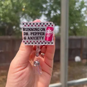 Running on Dr Pepper and anxiety. Glitter retractable badge reel. Funny adult humor.Teacher ID-student ID-RN-server badge-soda fan-medical
