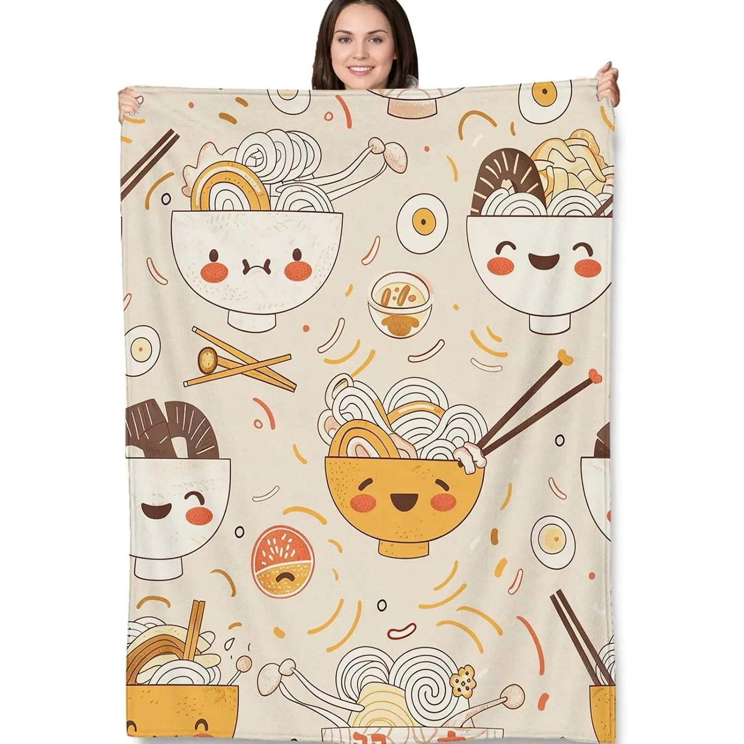Flannel Blanket | Cute Noodle Bowl Flannel Throw Blanket, Adorable Kawaii Ramen Noodles With Eggs And Chopsticks Soft Cozy Lightweight Blanket, Perfect For Bedroom Living Room Home Decor Gift | Home & Gift