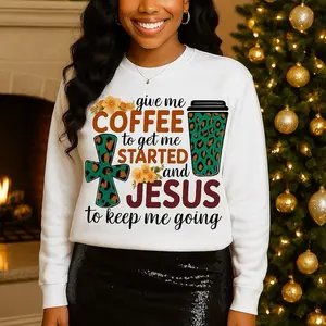 DTF COFFEE and JESUS Bold Uplifting Design with Faith Motivation Leopard Print Accents and Floral Details for Meaningful Fashion