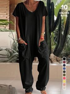 Women's Solid Color V-Neck Oversized Pocket Low Waist Jumpsuit, Casual Home Wear, Comfortable One-Piece Pants, Perfect for Daily Use