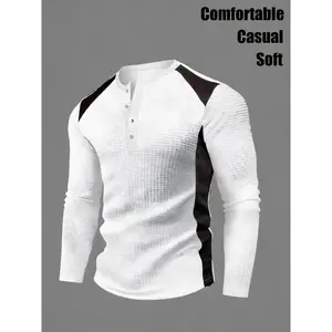 Waffle Texture Men's Long-Sleeve Top: Color Block Shoulder & Side, Stylish Casual Wear