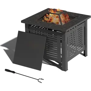 YODOLLA 30" Fire Pit Table, metal outdoor fireplace with waterproof cover, 3-in-1 design for gatherings, BBQ, camping, and backyard use, black.