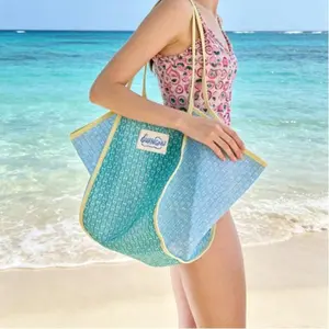 Large-Capacity Color-Block Beach Bag - Open-Mesh Shoulder Tote, Shopping & Travel Organizer, Swim Bag