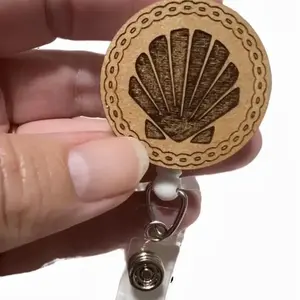 Seashell badge reel, sea creatures Wood Badge holder, Scallop badge reel, wood engraved Badge ID holder, office ID holder