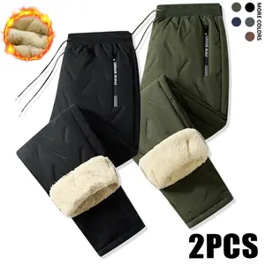 Men's Warm Winter Pants Set - Thick Cotton Trousers with Drawstring Waistband, Black Cold-Resistant for Daily and Formal Wear, Side Pockets - Suitable for Office Work and Outdoor Activities solid drawstring waist sweatpants wind  proof  pants mens  clothi