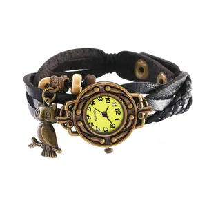 OIDEA Vintage Braided Leather Wrap Bracelet Watch for Women, Boho Handmade Owl Charm Quartz Wristwatch