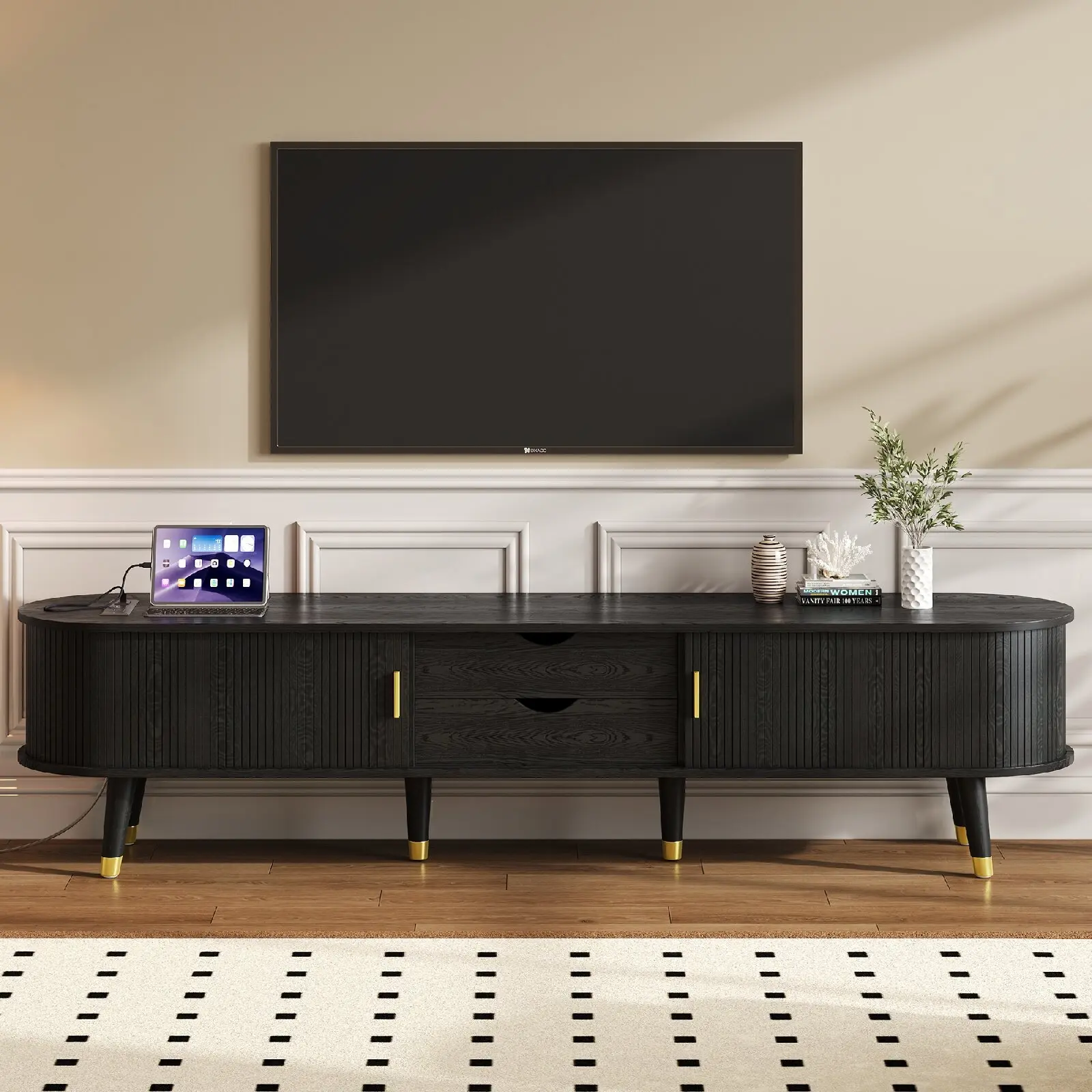 Wooden Oval Fluted  Stand  Charging Station   up to 80", Mid-Century Media Console  Sliding Tambour Door, Farmhouse  Cabinet  Golden Handle  Living Room with TV for