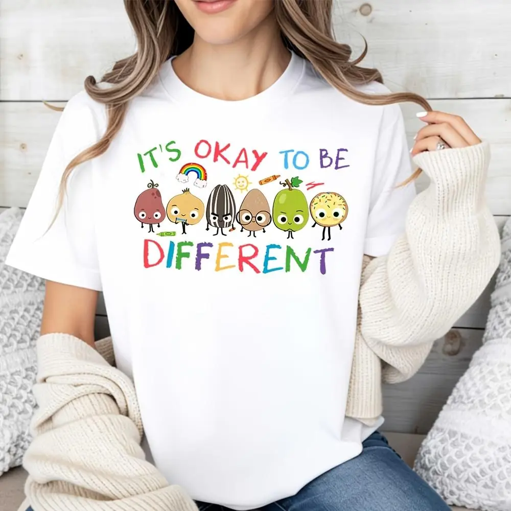 Cute Cartoon Fruits It's Okay To Be Different Print, Raglan Long-Sleeved T-Shirt, Neurodiversity Awareness And Self Love Theme, Casual Daily
