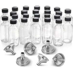 24 Pack, 2 oz Small Clear Glass Bottles w/ Lid & 6 Stainless Steel Funnels - 60ml Boston Sample Bottles - Mini Travel Essential or Decorative Bottles for Potion, Juice, Wellness, Ginger Shots, Whiskey