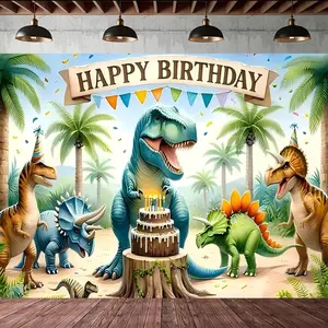 Dinosaur Birthday Party Backdrop Banner, Palm Trees & Cake Patterns, Perfect for Theme Parties, Holiday Celebrations, Indoor Outdoor Decor