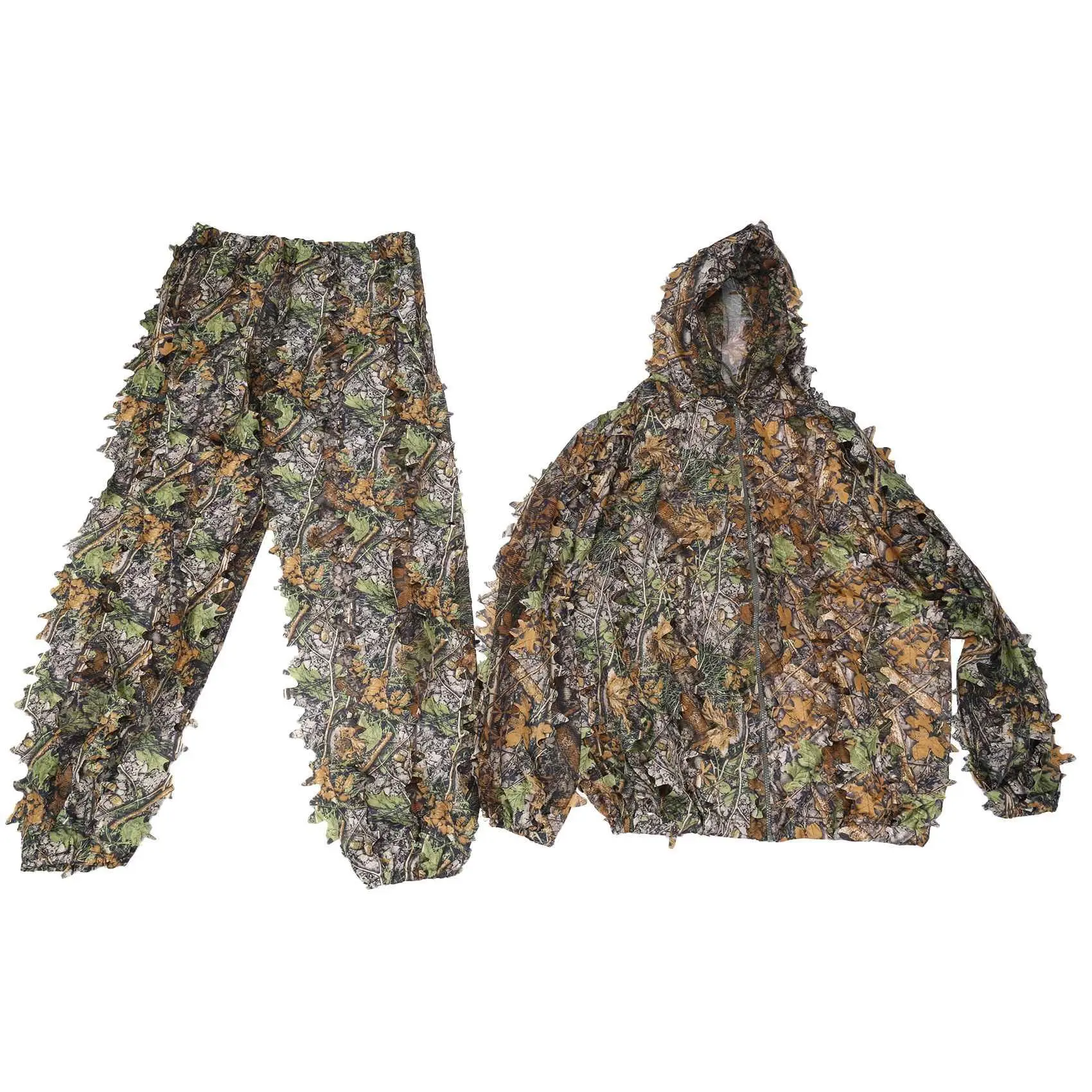 Woodland Camo 3D Leaf Ghillie Suit, 2-Piece Polyester Hunting Outfit for Adults, 1 Size Fits Most for Shooting & Stalking, One Size