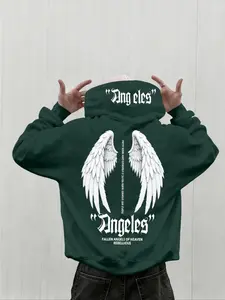 Men's Fall Winter Angelic Dark Feather Print Gothic Style Hoodie, Drawstring Hood + Large Pocket Design, Street Style Fitted Sweatshirt