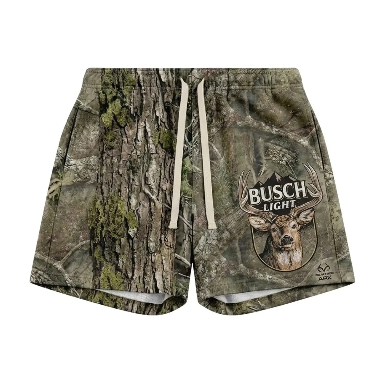 Busch Light Whitetail Deer Camo Shorts, Tree Bark Camouflage Shorts, Men's Hunting Performance Shorts, Lightweight Summer Shorts, Breathable Activewear Shorts, Casual Streetwear Shorts, Nature Print Training Shorts, Everyday Quick Dry Shorts
