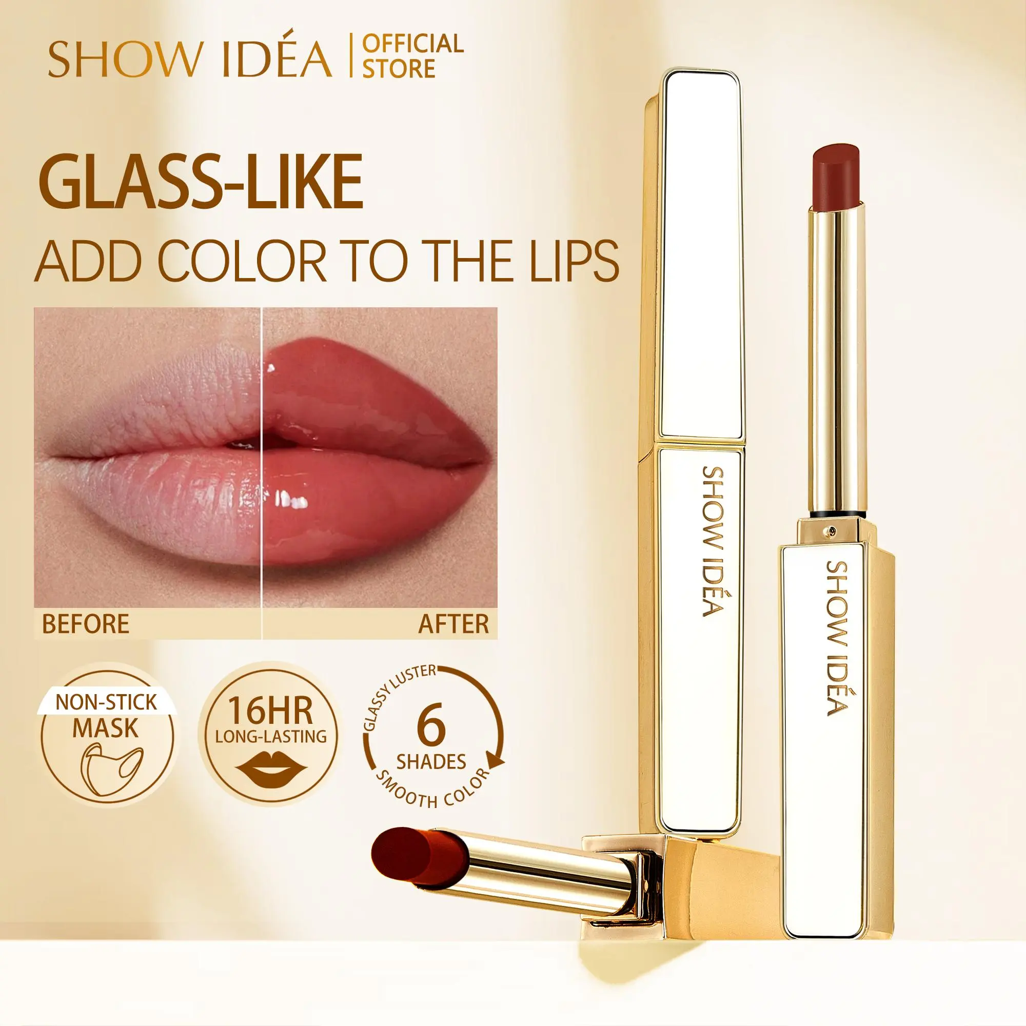SHOW IDEA lipstick, velvet matte finish, 16-hour color stay, won't stain masks. Oil-based blend + hyaluronic acid, hydrating and nourishing texture. 6 popular shades