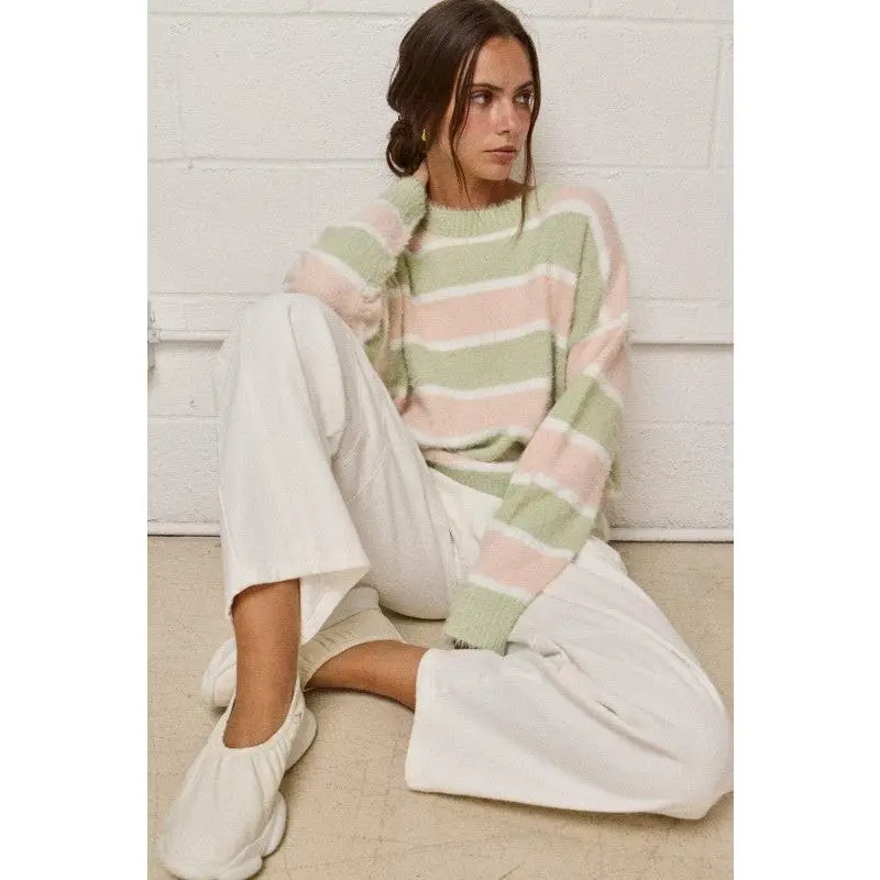 Loose Fuzzy Knit Sweater - Sage/Blush