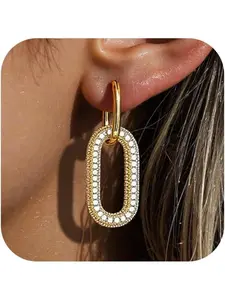 Paperclip Chain Link Earrings for Women Trendy Cubic Zirconia Dainty Huggie Double Hoop Earrings Jewelry