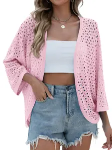 ZEAGOO  Womens Summer Crochet Cardigan Sweaters Lightweight Open Front 3/4 Sleeve Batwing Kimono Boho Knit Cover Ups 2025
