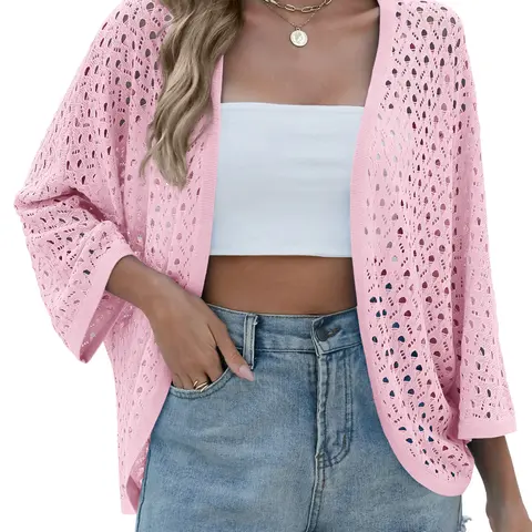 ZEAGOO Women's 2025 Summer Oversized Soft Knit Cardigan - Open-Front, 3/4 Batwing Sleeves, Draped Boho Crochet Knitwear Duster, Breathable Polyester Vintage Cover Up for Bathing, Bikini, Evening Occasions