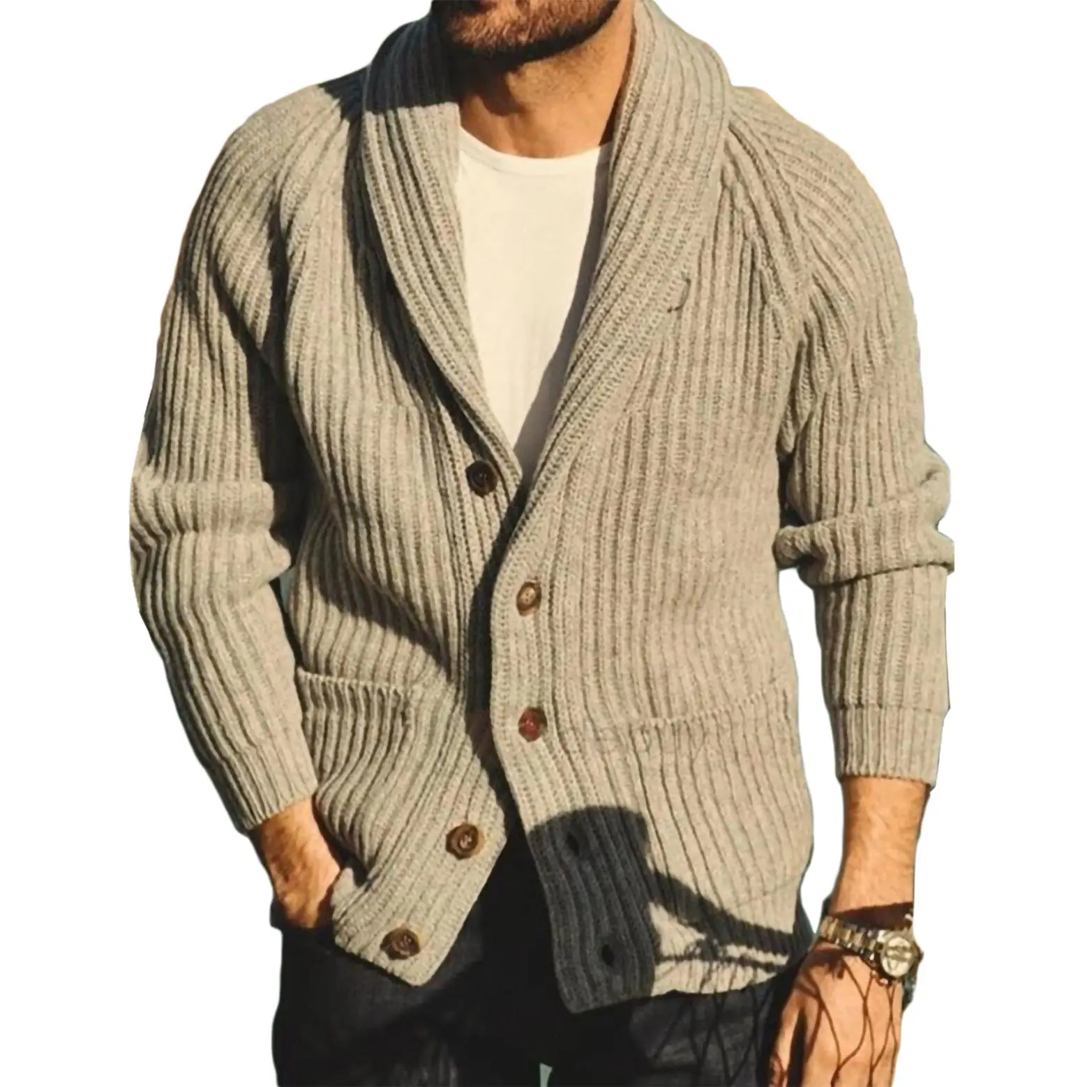 PASLTER Mens Cardigan Knitted Jacket Shawl Collar Loose Chunky Cable Knit V Neck Knitwear Outerwear Menswear Tops