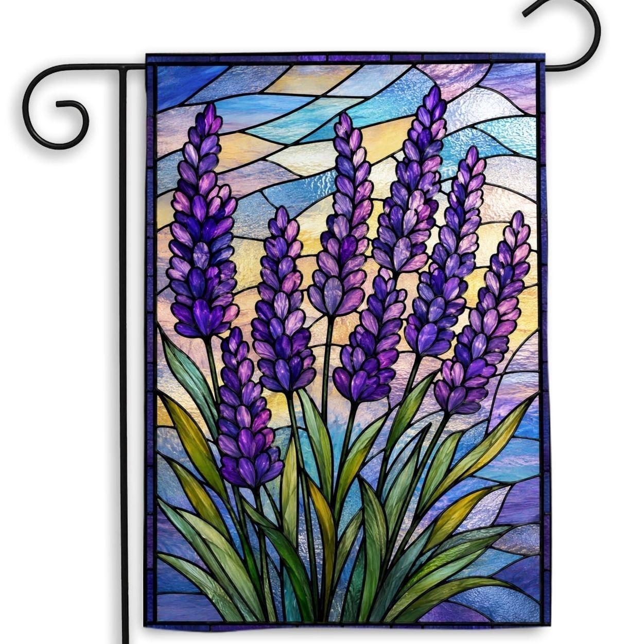 Lavender Stained Glass Garden Flag Double Sided, Purple Floral Yard Banner, Rustic Farmhouse Outdoor Decor, Botanical Welcome Flag