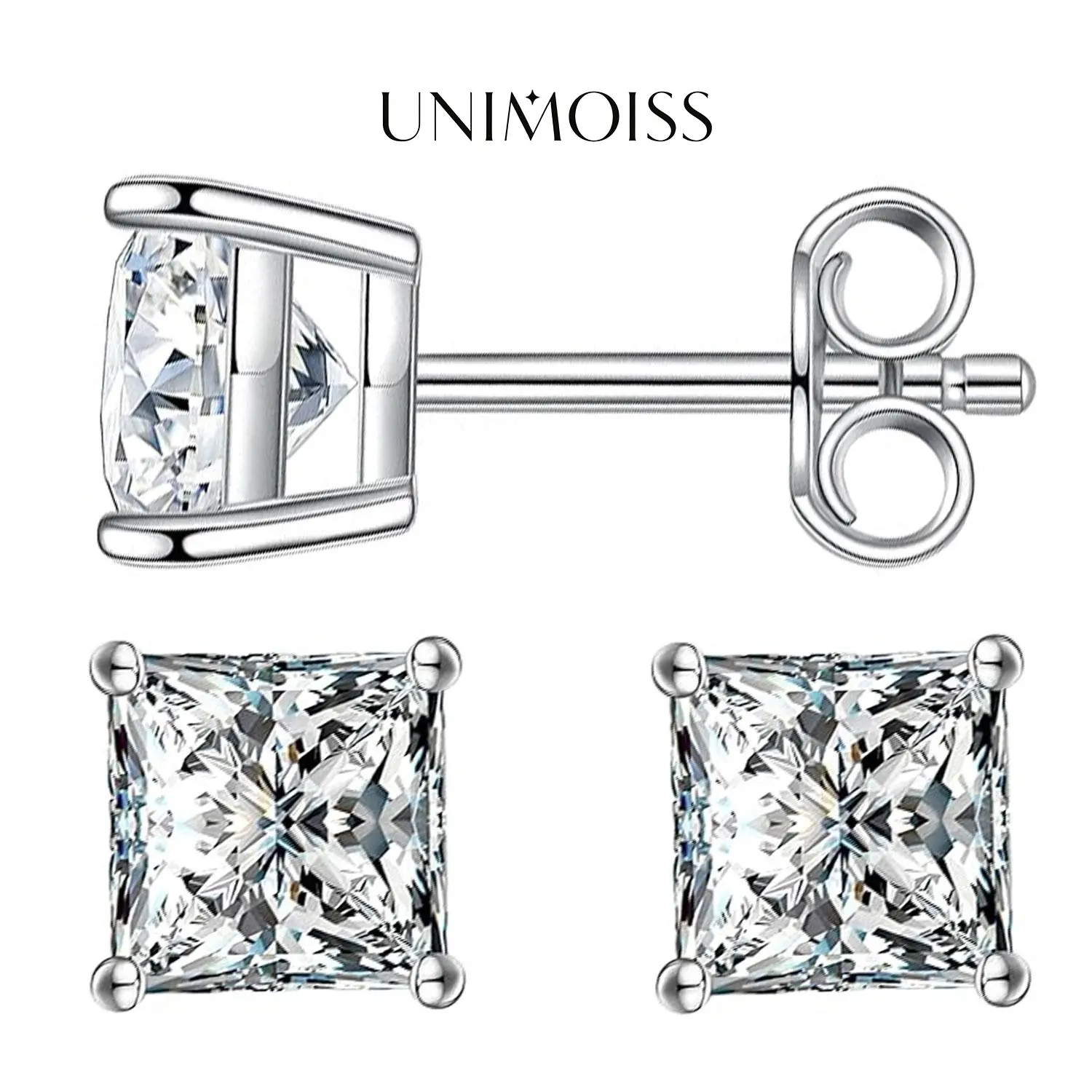 UniMoiss Princess Cut Moissanite Fashionable Shiny Stud Earrings Birthday Wedding Anniversary Perfect Gifts for Women Girls Women Sturdy Minimalist Accessories