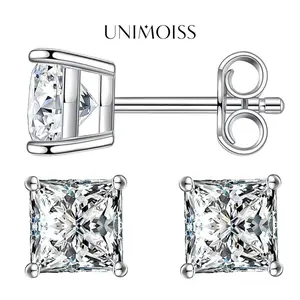 UniMoiss Princess Cut Moissanite Fashionable Shiny Stud Earrings Birthday Wedding Anniversary Perfect Gifts for Women Girls Women Sturdy Minimalist Accessories