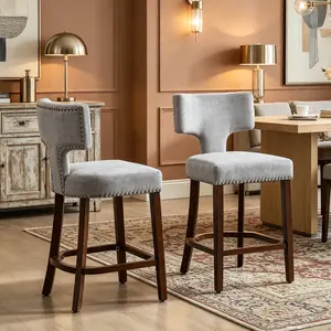 Set of 2 Mid Century Modern Counter Height Bar Stools, Farmhouse Linen Upholstered Kitchen Stools, Curved T‑Shaped Backrest with Copper Nailhead Trim, Solid Hardwood Frame Armless Bar Chairs for Home Bar, Island, Apartment
