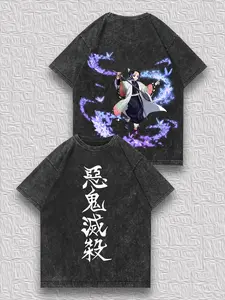 valentine shirts Men's Distressed Double-Sided T-Shirt - Demon Slayer Shinobu Kochou Colorful Butterfly Print, Niche Retro Trendy Loose Short-Sleeve