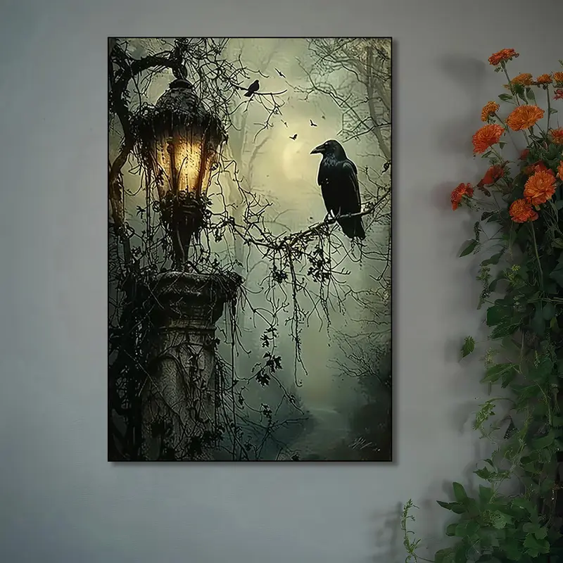 Mysterious 1pc Gothic Raven and Lantern Wall Art Canvas Print Vivid Frameless Oil Painting Style Poster with Haunted Theme for Home Office Living Room Bedroom Decor Abstract Artwork with Rich Colors and Textured Finish Decoration Artistic