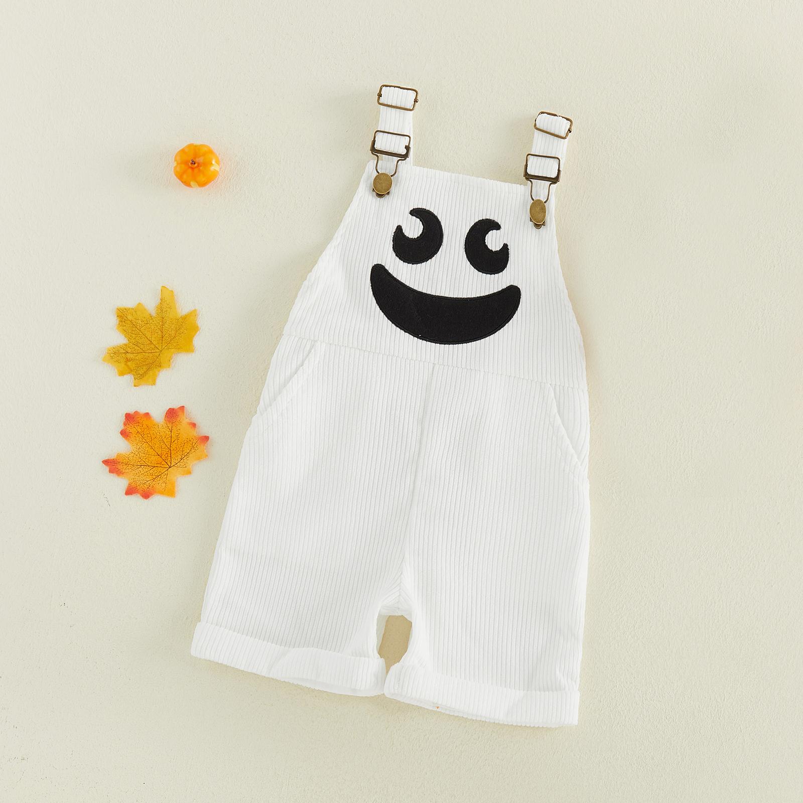 Toddler Corduroy Overalls with Suspenders, Pockets, 2 Ghost/Pumpkin Motifs - Soft Thick Wale, Boy Jumpsuit for Family Gathering, Kindergarten Party Costume