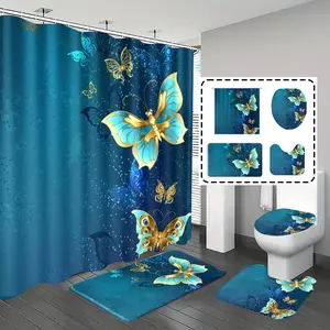 [Popular Choice]1pc/4pcs, bathroom curtains shower, bathroom set, shower curtains, bathroom decor,bathroom rug, bathroom mat, butterfly pattern, romantic theme decoration, bathroom set, with 12 hooks.