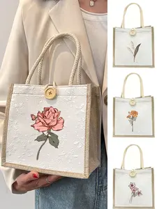 Mini Women's Tote Bag, Foldable Linen Shopping Bag, Available in 12 UV Floral Print Stickers, Sturdy and Durable Handles, Buckle Closure. Made of Floral Textured Fabric, Suitable for Everyday Wear and Travel. A Perfect Valentine's Day or New Year's Gift.