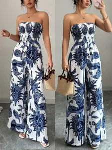Women's spring and summer blue and white artistic printed woven breathable strapless jumpsuit, loose wide-leg casual vacation style, suitable for beach vacations and daily wear