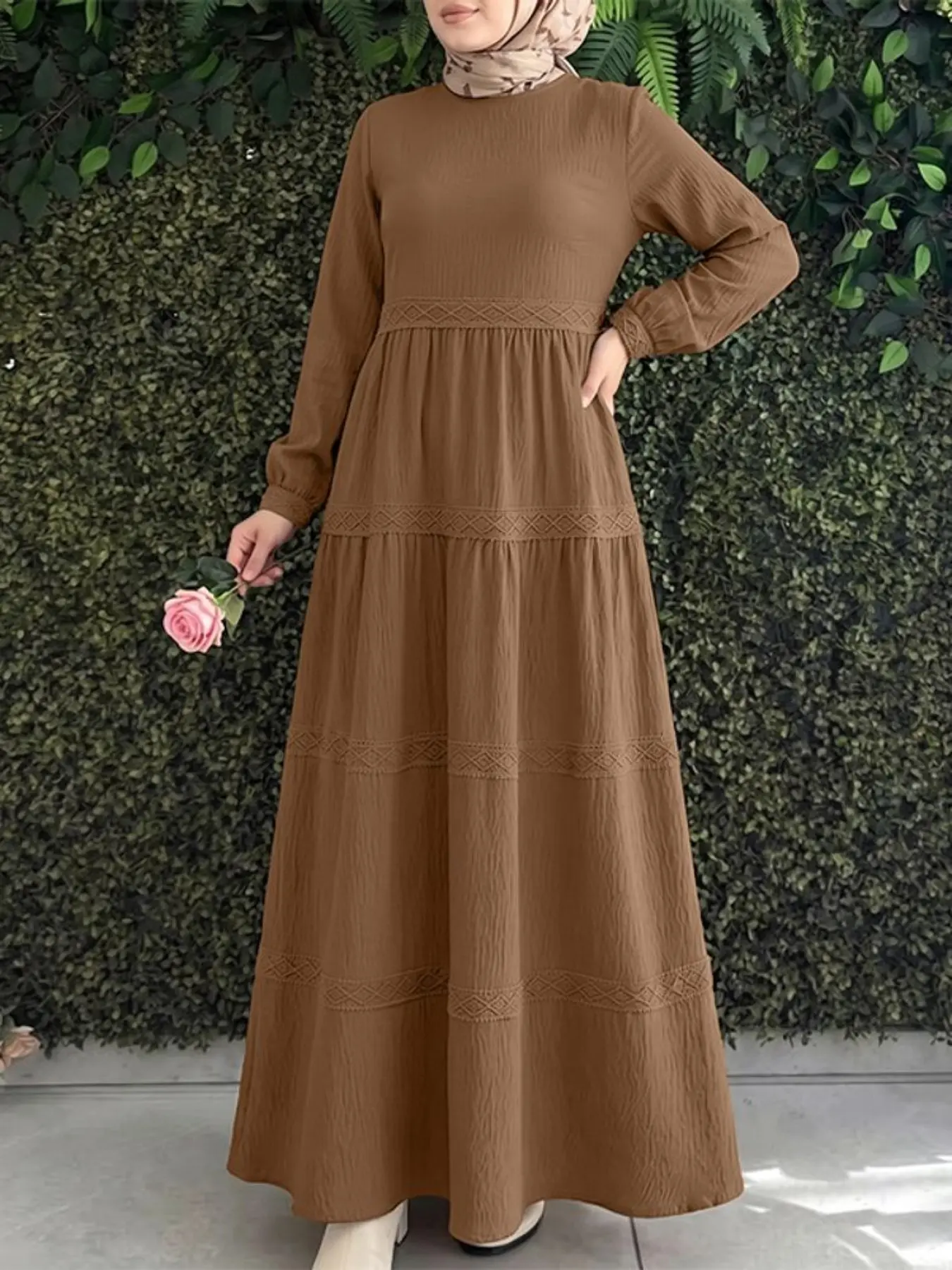 Women's Solid Color Round Neck Long Sleeve Ruffle Waist A-Line Midi Dress, Elegant Long Dress for Daily Wear, Comfortable and Stylish Design, Hijabi Cute Dresses, Modest Style Dress, Modest Muslim Outfits, Modest Clothes, Modest Muslim Clothing