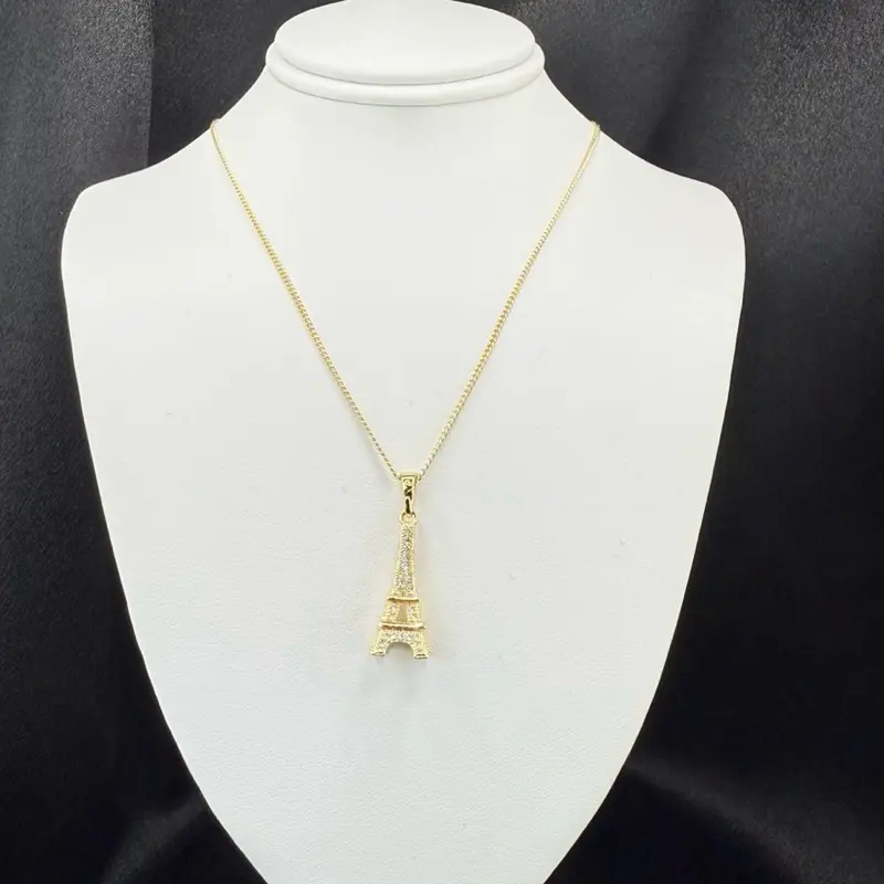 Eiffel Tower Charm with Fine Chain 18 Inches Long - Elegant Pendant Design on Gold Chain