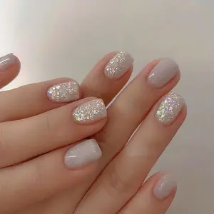 24pcs Minimalist Nude Press-On Nails Set - Short Square Cut, Sparkle Accents, Glossy Finish | Elegant False Nail Art Kit for Casual Attire