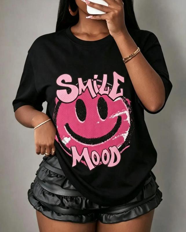 Women's Fitted Summer Casual Short Sleeve T-Shirt - American Vintage Crew Neck, Smiley Face Print, Beach & Streetwear Clothing, Festival Athletic Top