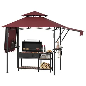 Gaomon 8x5 Outdoor BBQ Grill Gazebo Sunshade Canopy, Double Tier Patio Grill Shelter with Adjustable Dual Side Awnings, 2 Handy Shelves, Hooks, Ceiling Light Hook, Heavy Duty Steel Frame - Backyard Garden Furniture Accessory (Claret)