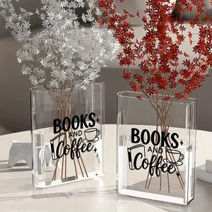 1pc Clear Acrylic Book Flower Vase & Bookend - Bohemian Rectangular Bookshelf Vase with "Books & Coffee" Label-Like Design, Shelf Decor for Home, Office, Library - Book Lover Gift, Christmas/Valentine's Present (Compatible with