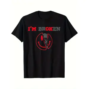 Men's 'I Am Broken' Skull Pattern T-Shirt - Black Cotton Crew Neck T-Shirt, Red and White Print, Slightly Stretchy Knit Fabric, All-Season Regular Fit, Casual Sports Style, Skull T-Shirt